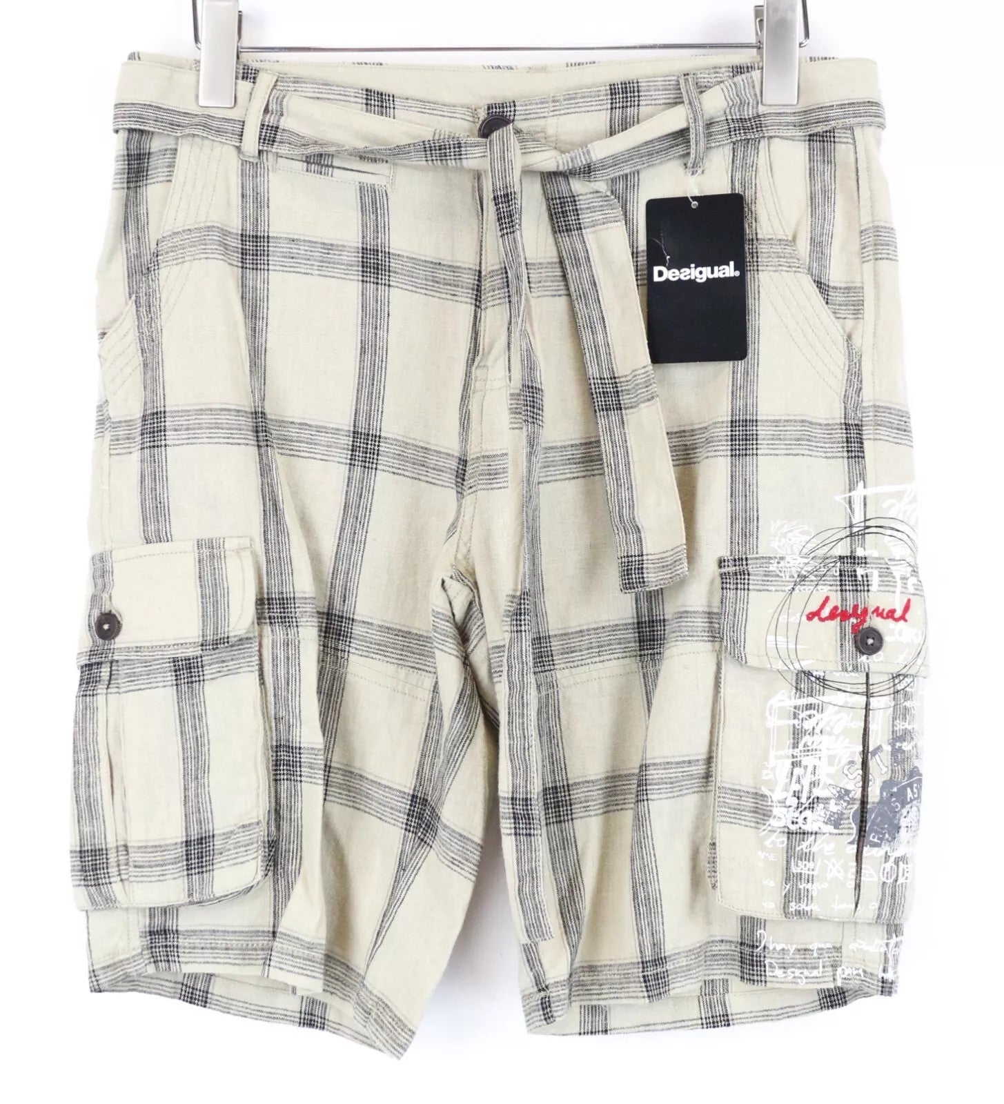 DESIGUAL Marc Men Shorts 28 Casual Zip-Fly Brown Linen Cotton Multi Pocket Cargo