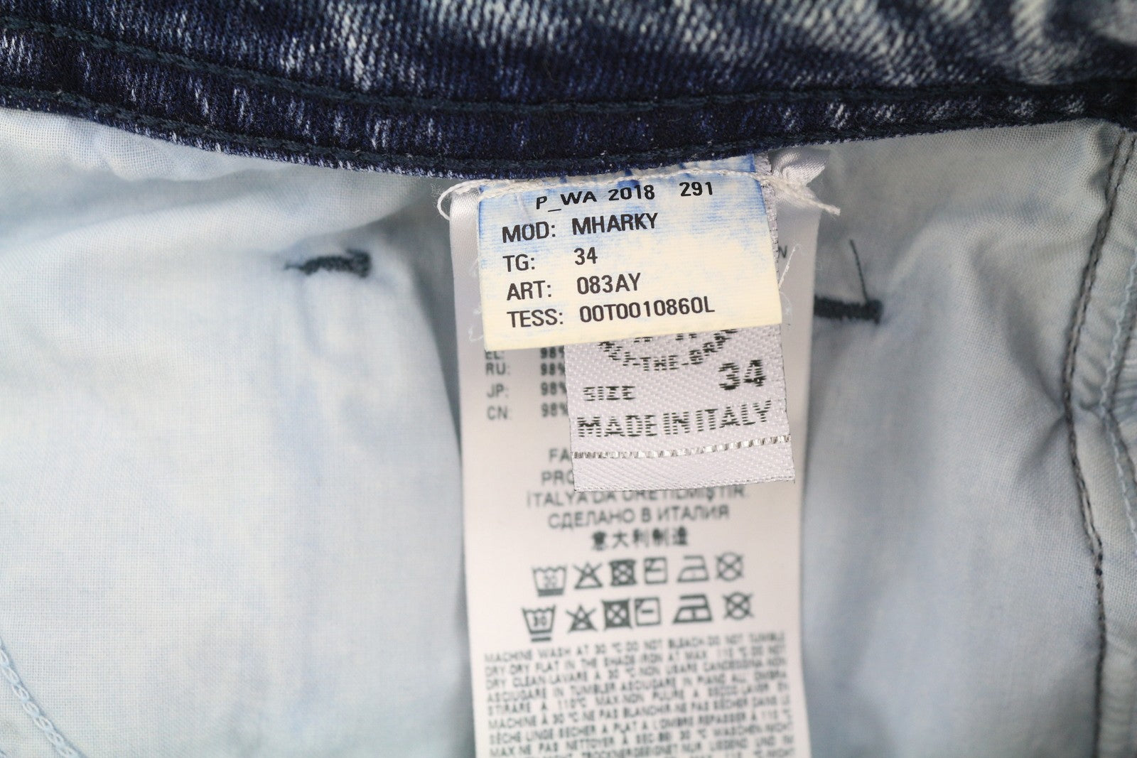 DIESEL Mharky 083AY Men Jeans W34 Blue Faded Slim Fit Zip Fly Denim