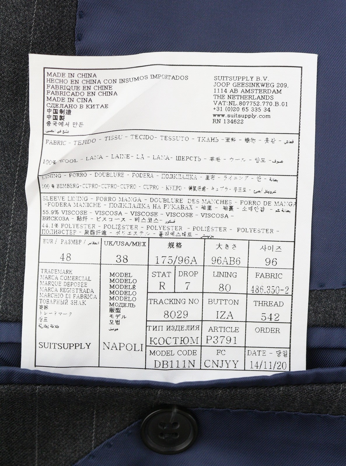 SUITSUPPLY Napoli Men Blazer UK38R Grey Wool Pinstriped Single Breasted