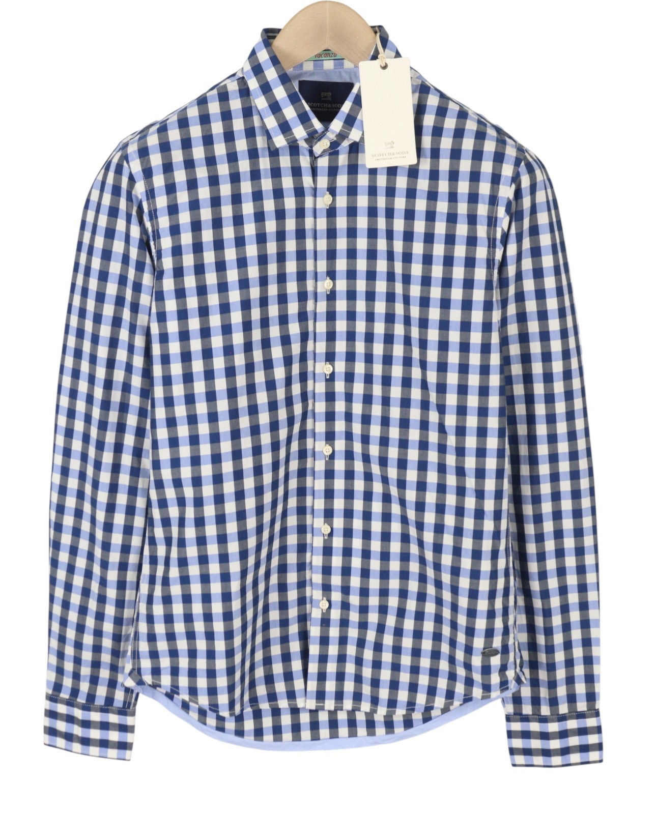 SCOTCH & SODA Men Shirt M Blue Checked Cutaway Neck Button-Up Long Sleeve
