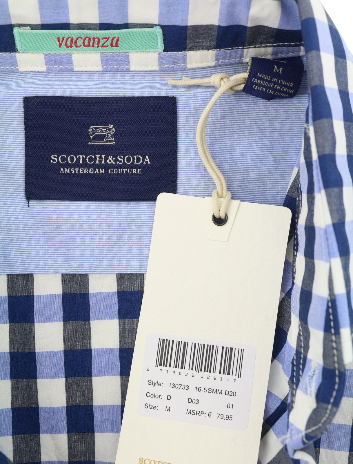 SCOTCH & SODA Men Shirt M Blue Checked Cutaway Neck Button-Up Long Sleeve