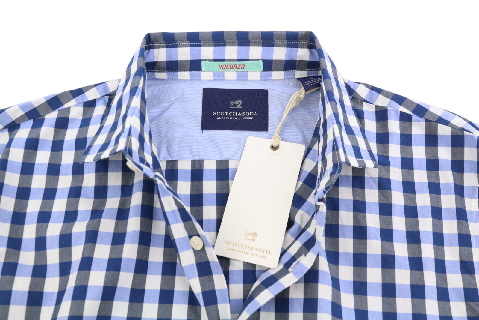 SCOTCH & SODA Men Shirt M Blue Checked Cutaway Neck Button-Up Long Sleeve