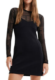DESIGUAL Night Women Dress S Black Textured Sheer Long Sleeves Mini