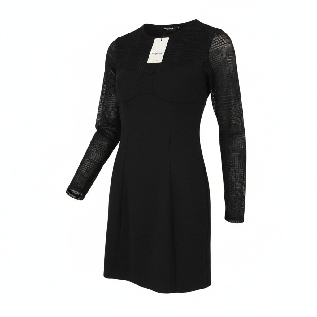 DESIGUAL Night Women Dress S Black Textured Sheer Long Sleeves Mini