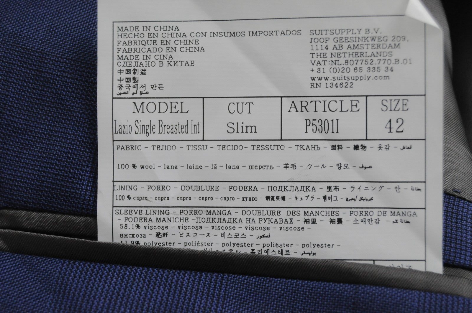 SUITSUPPLY Lazio Men Blazer UK32R Pure Wool Super 110's Blue Slim Notch Lapel