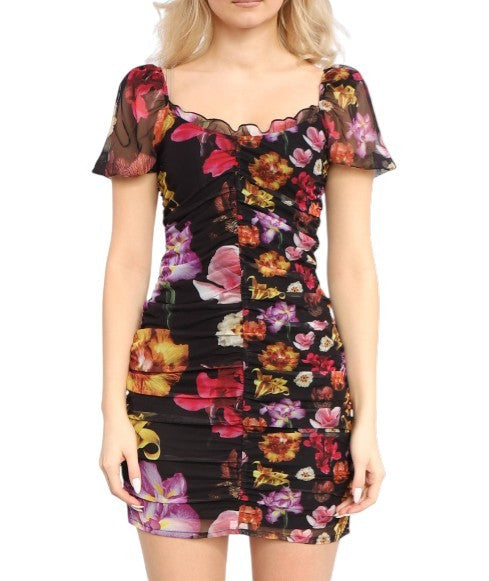 DESIGUAL Sala Lacroix Women Dress S Black Colourful Floral Print Short Sleeve
