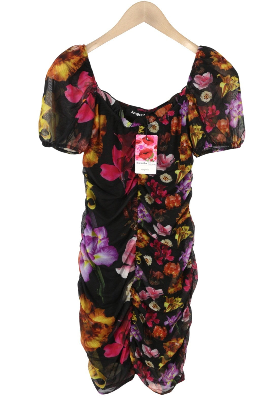 DESIGUAL Sala Lacroix Women Dress S Black Colourful Floral Print Short Sleeve