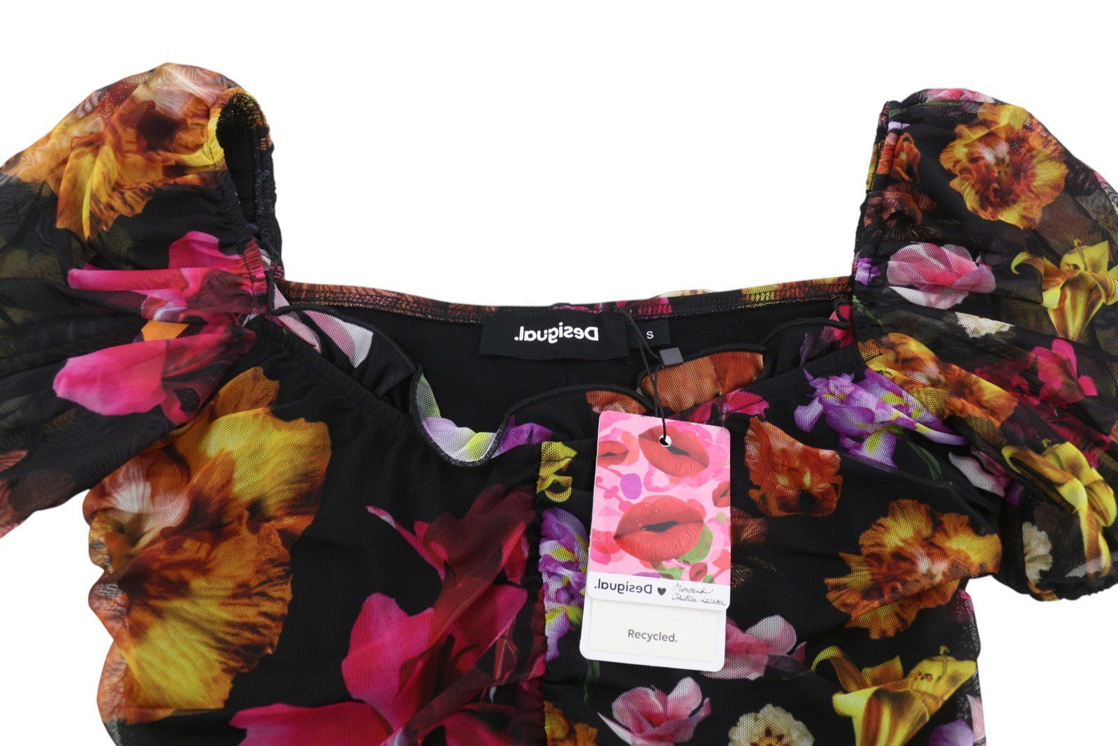 DESIGUAL Sala Lacroix Women Dress S Black Colourful Floral Print Short Sleeve