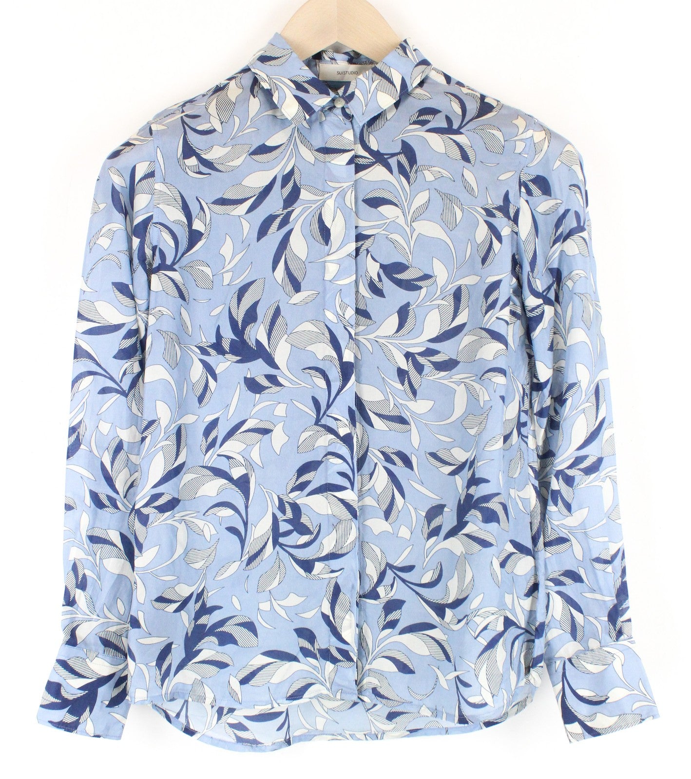 SUISTUDIO Charles Women Shirt UK6 Blue Silk Patterned Lightweight Long Sleeved