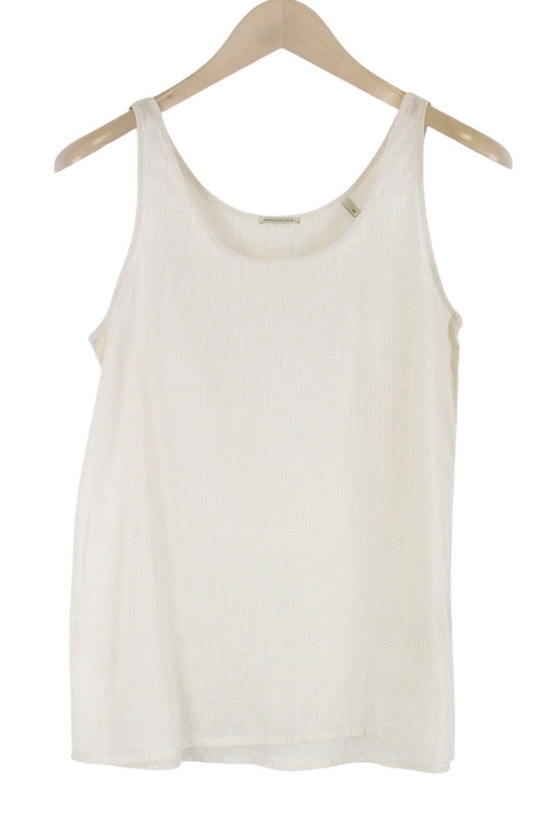 MAISON SCOTCH Women T-Shirt S Beige Pure Cotton Sleeveless Striped Round Neck