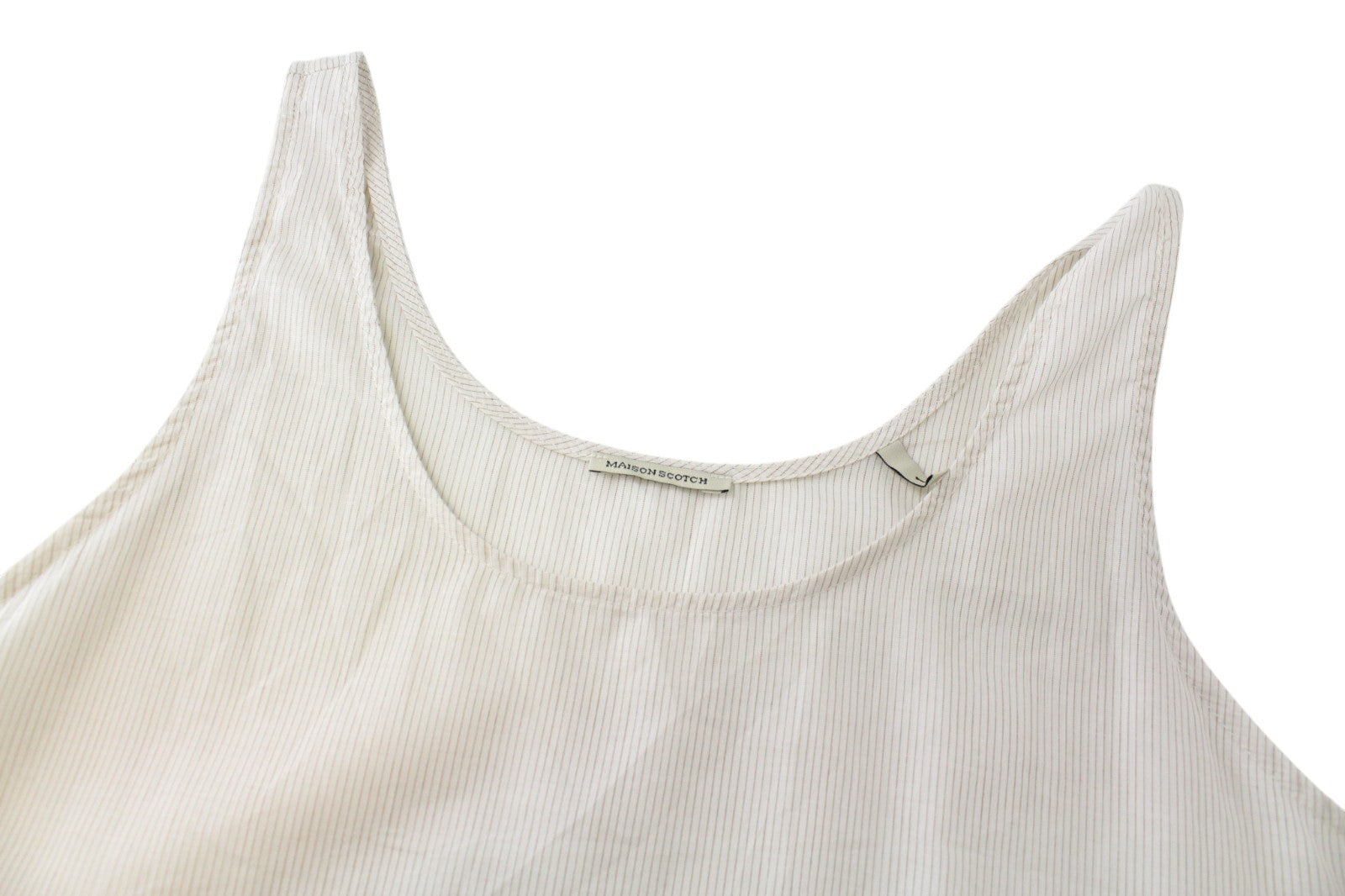 MAISON SCOTCH Women T-Shirt S Beige Pure Cotton Sleeveless Striped Round Neck