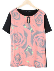 VKING Men T-Shirt L Red Black Cotton Blend Rose Print Short Sleeved Pull On