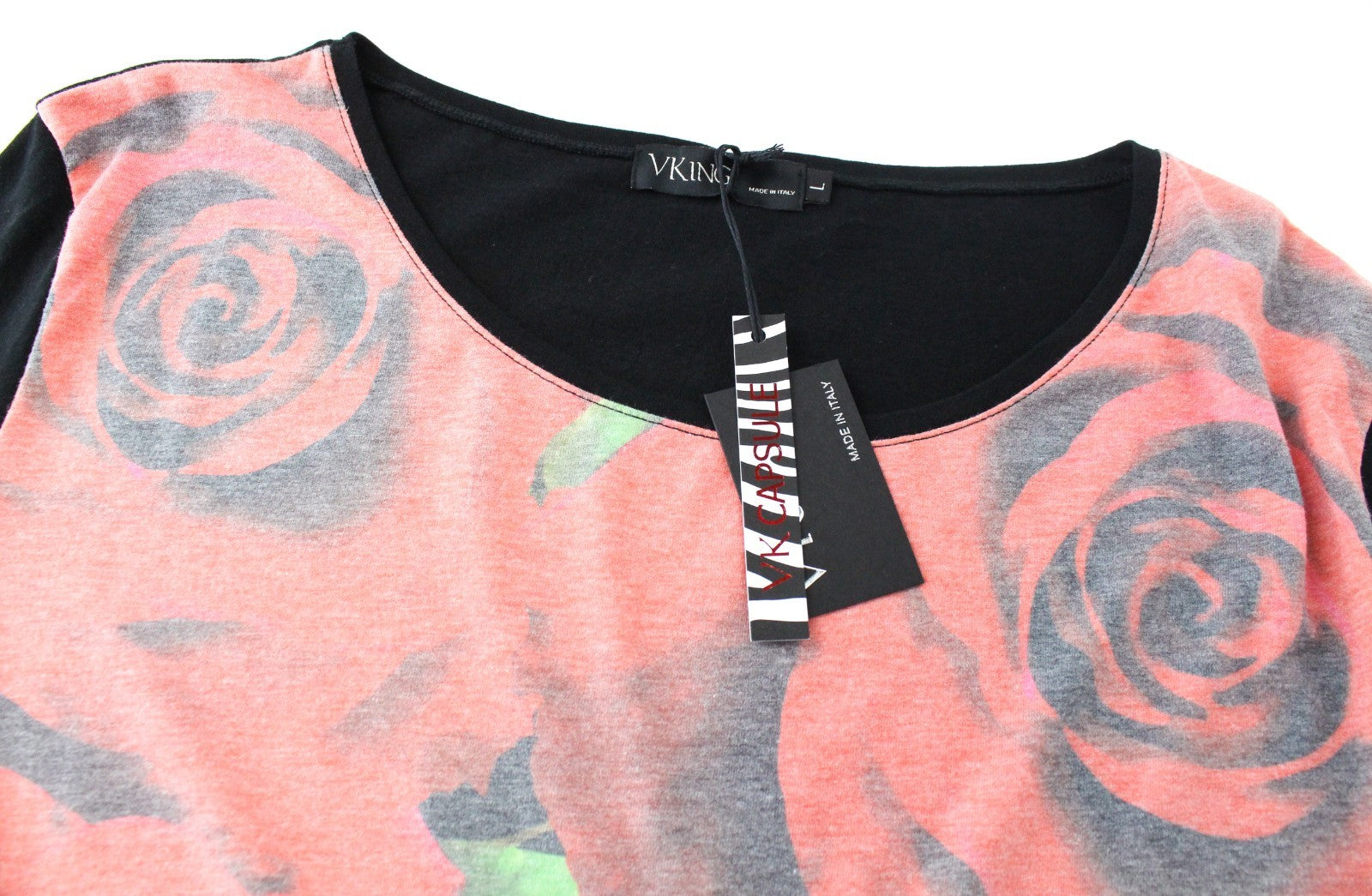 VKING Men T-Shirt L Red Black Cotton Blend Rose Print Short Sleeved Pull On