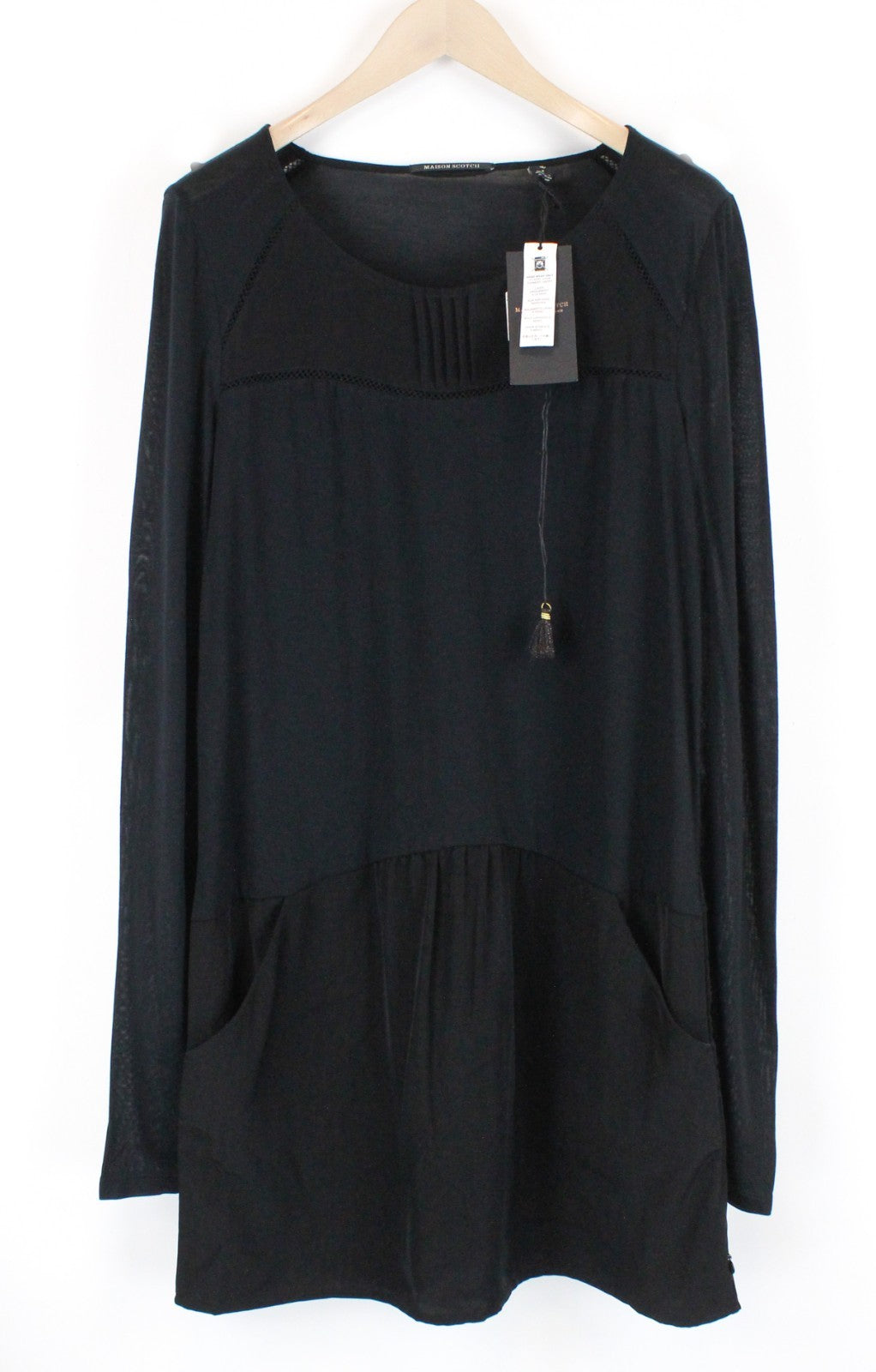 MAISON SCOTCH Women Dress L Black Long Sleeved 2in1 Layered Pocketed Pull On