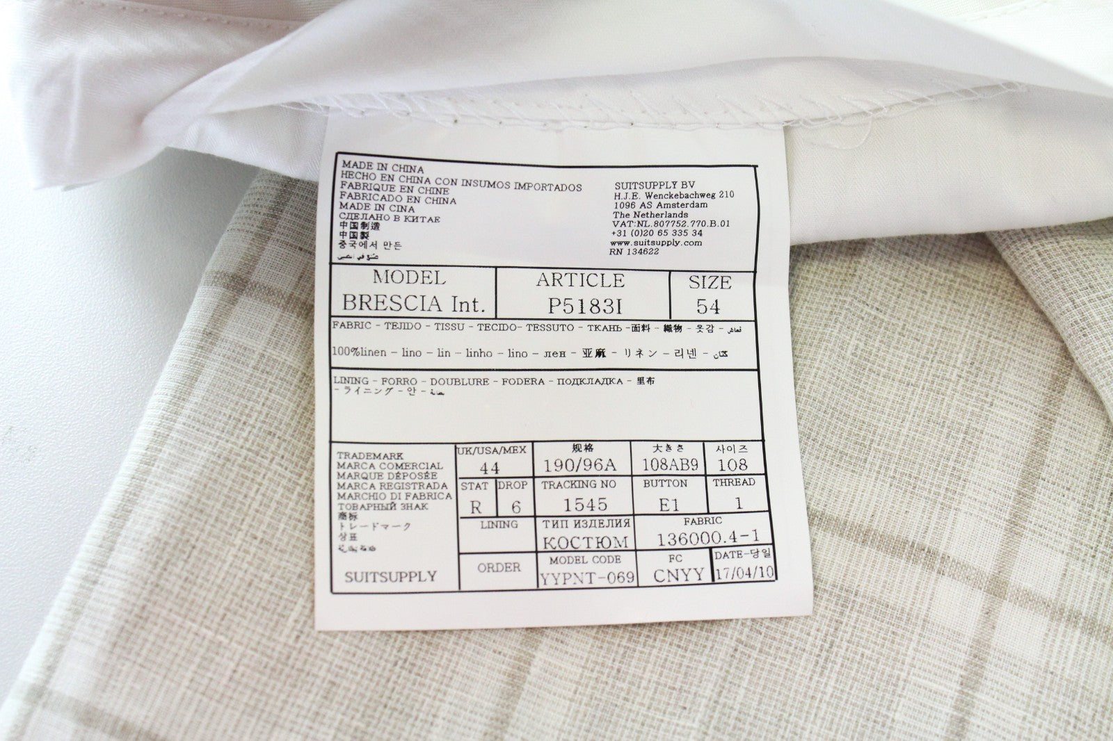 SUITSUPPLY Brescia Men Trousers UK44R Beige Pure Linen Checked Pattern Pleated