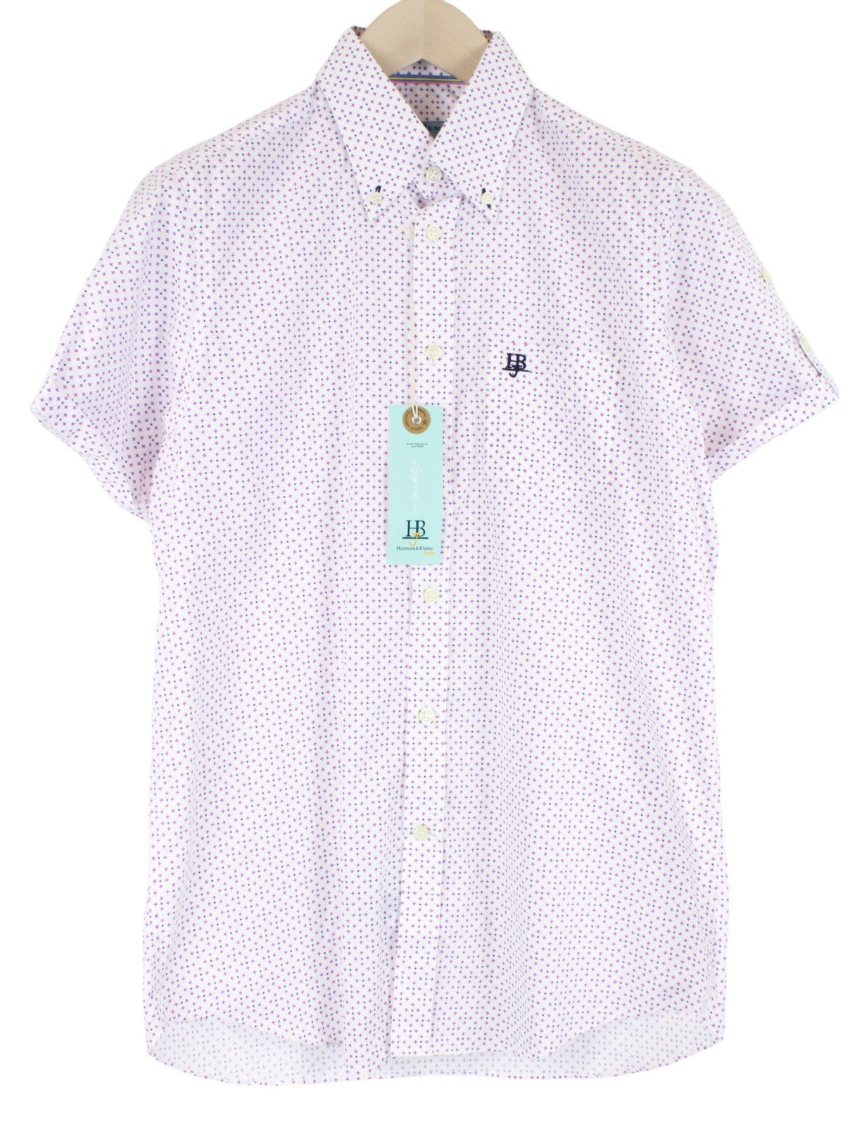 HARMONT & BLAINE Men Shirt M White Cotton Short Sleeve Logo Patterned Button-Up