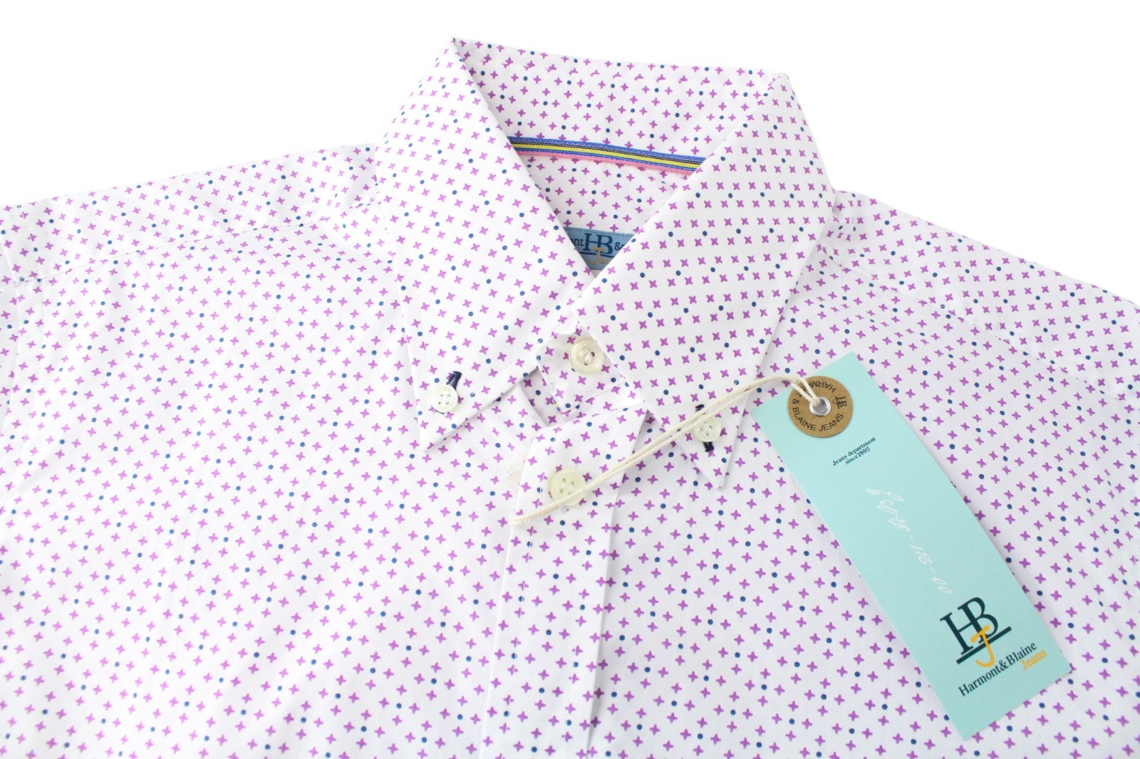 HARMONT & BLAINE Men Shirt M White Cotton Short Sleeve Logo Patterned Button-Up