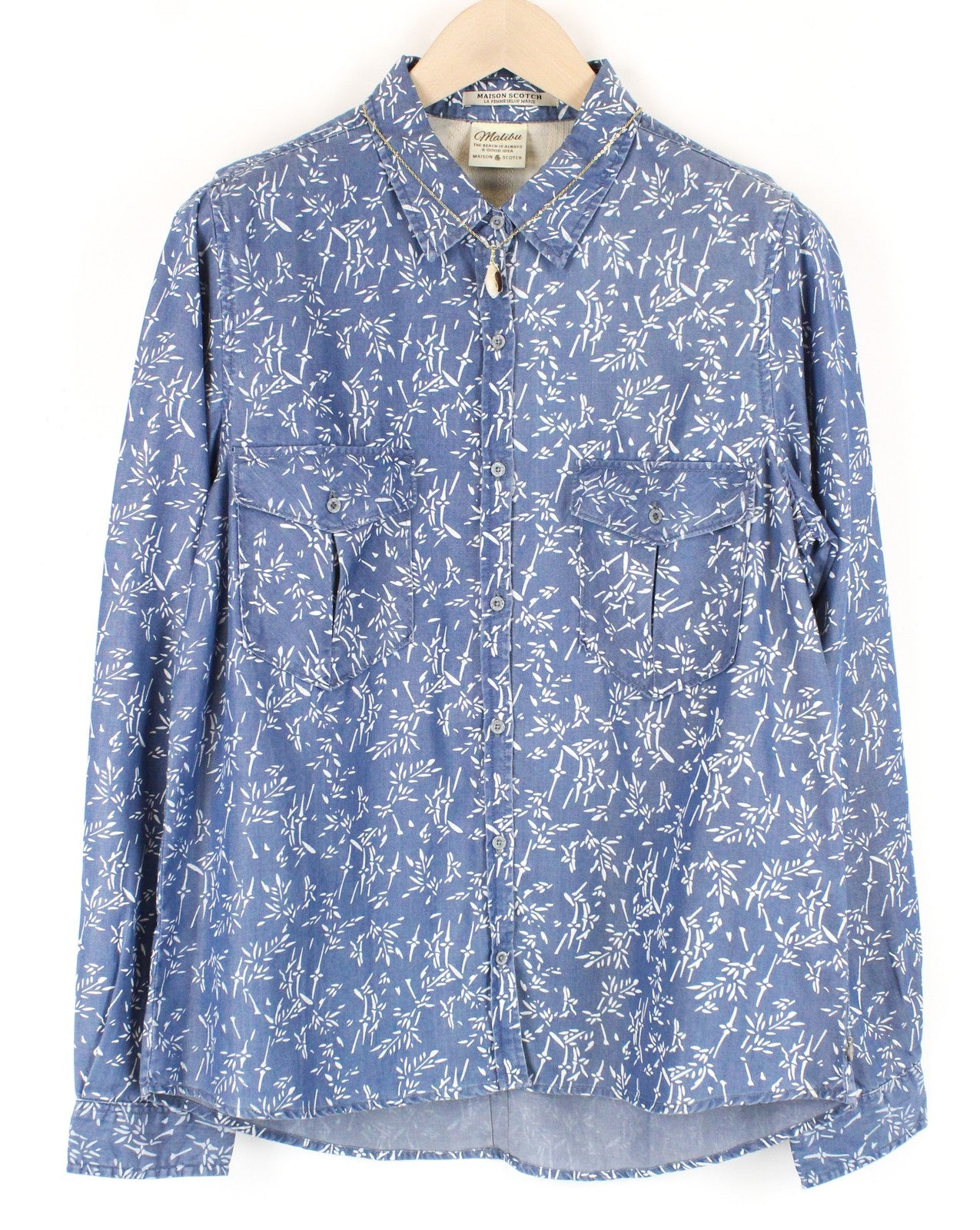 MAISON SCOTCH Women Shirt L Blue Patterned Denim Style Pocketed Long Sleeved