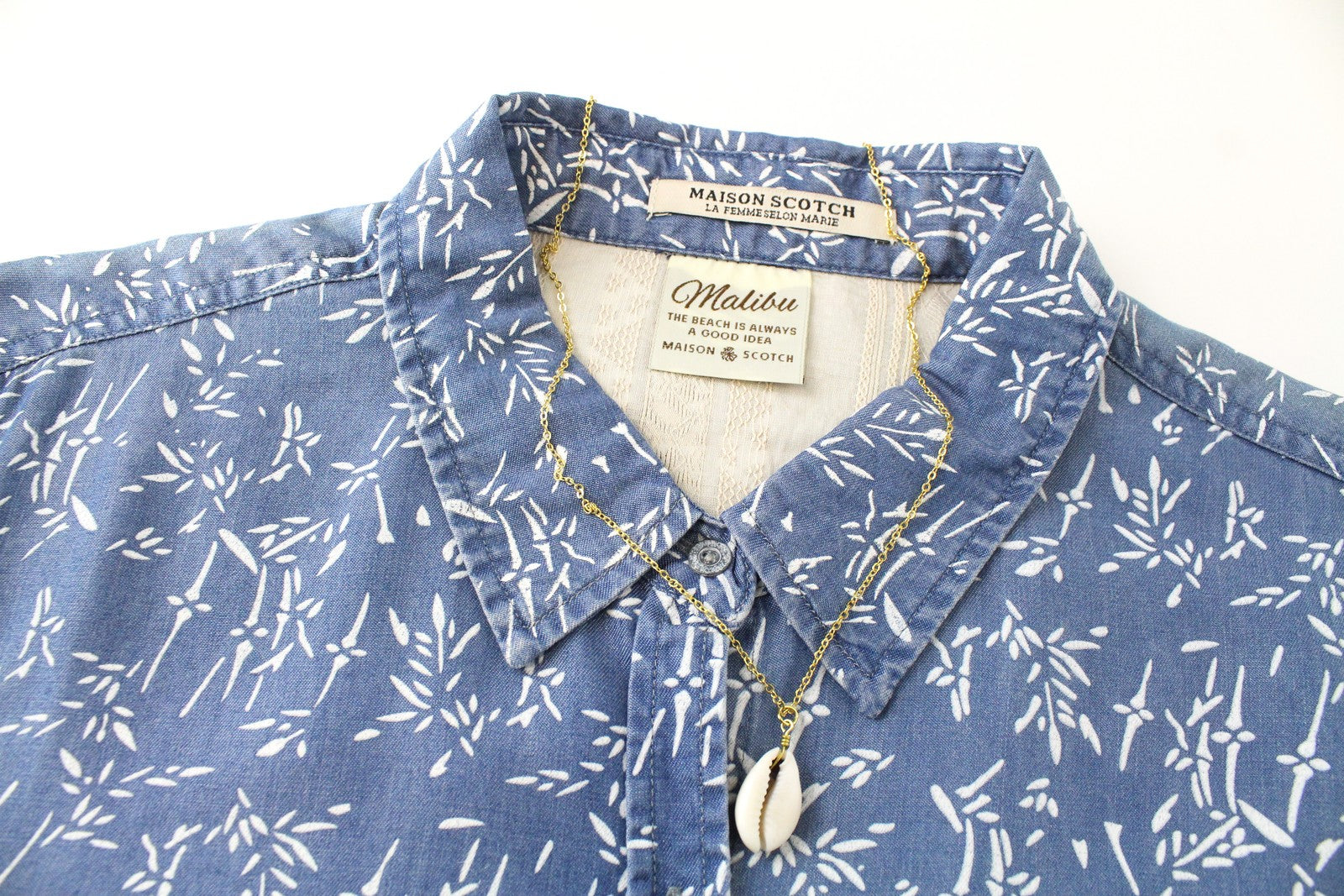 MAISON SCOTCH Women Shirt L Blue Patterned Denim Style Pocketed Long Sleeved