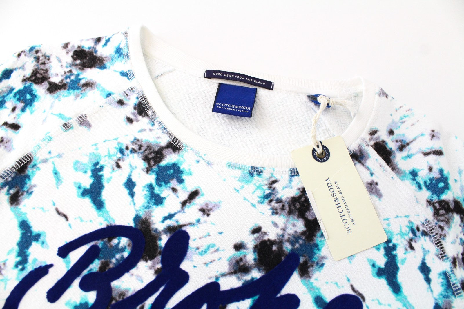 SCOTCH & SODA Ams Blauw Men Sweatshirt M White Cotton Blue Printed Long Sleeve