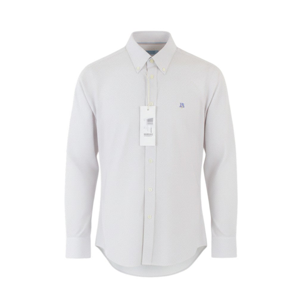 HARMONT & BLAINE Men Shirt M White Pure Cotton Blue Yellow Patterned Long Sleeve