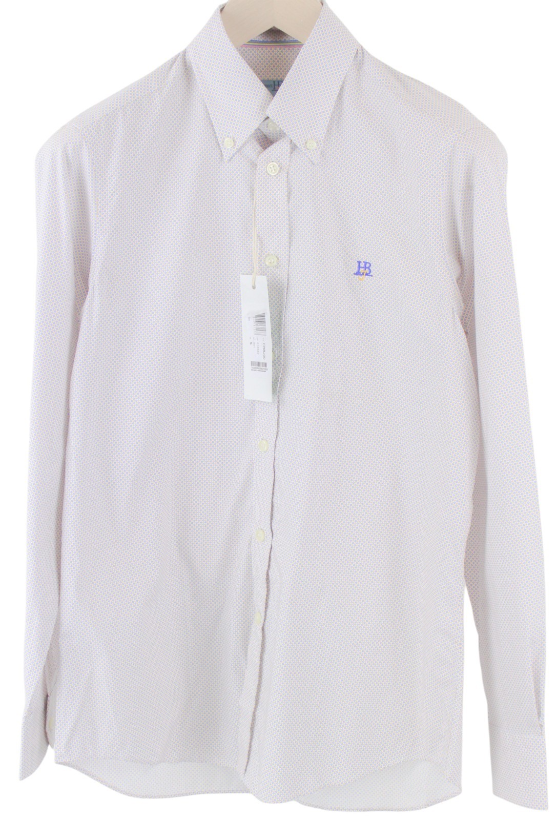 HARMONT & BLAINE Men Shirt M White Pure Cotton Blue Yellow Patterned Long Sleeve