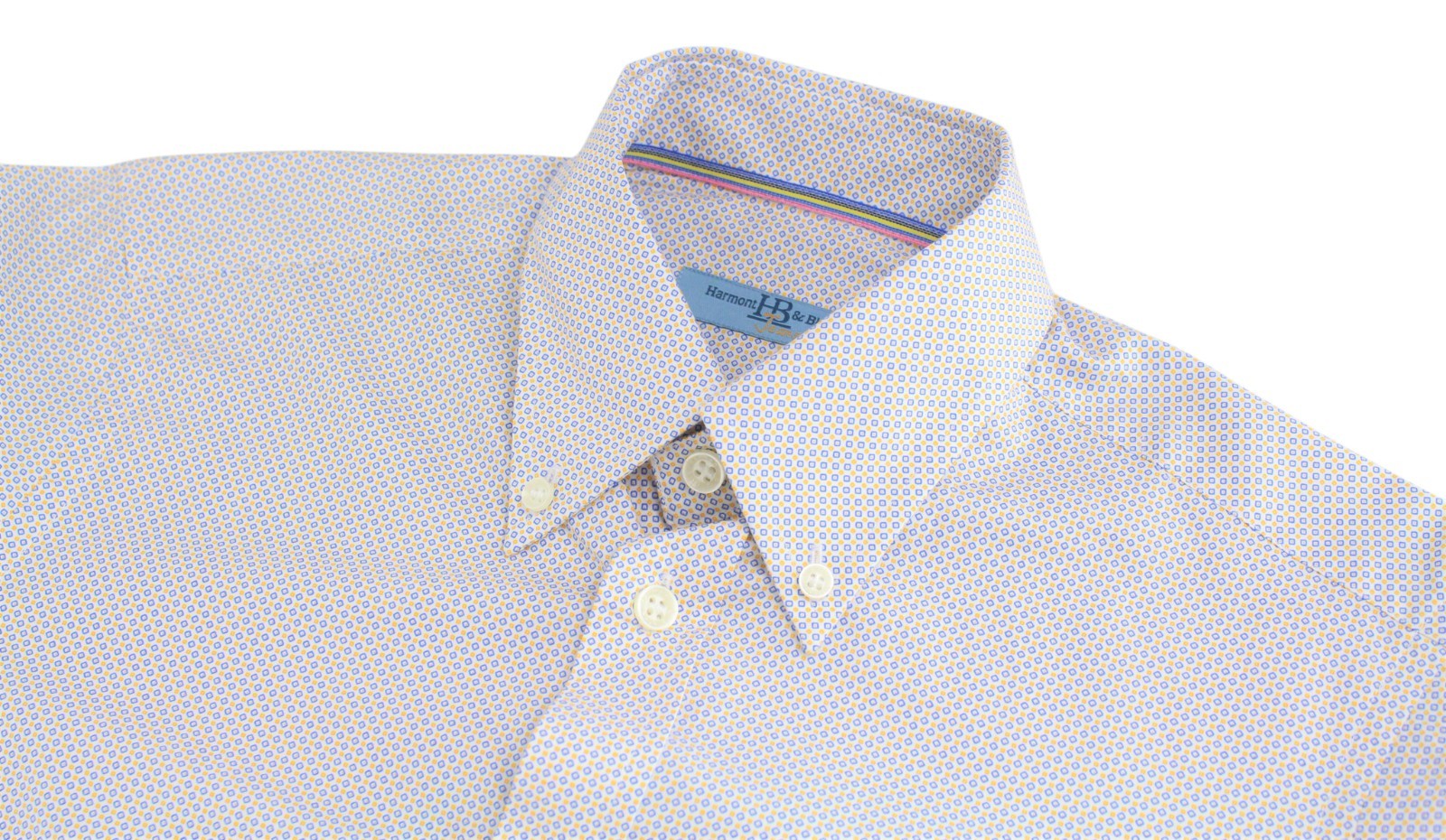 HARMONT & BLAINE Men Shirt M White Pure Cotton Blue Yellow Patterned Long Sleeve