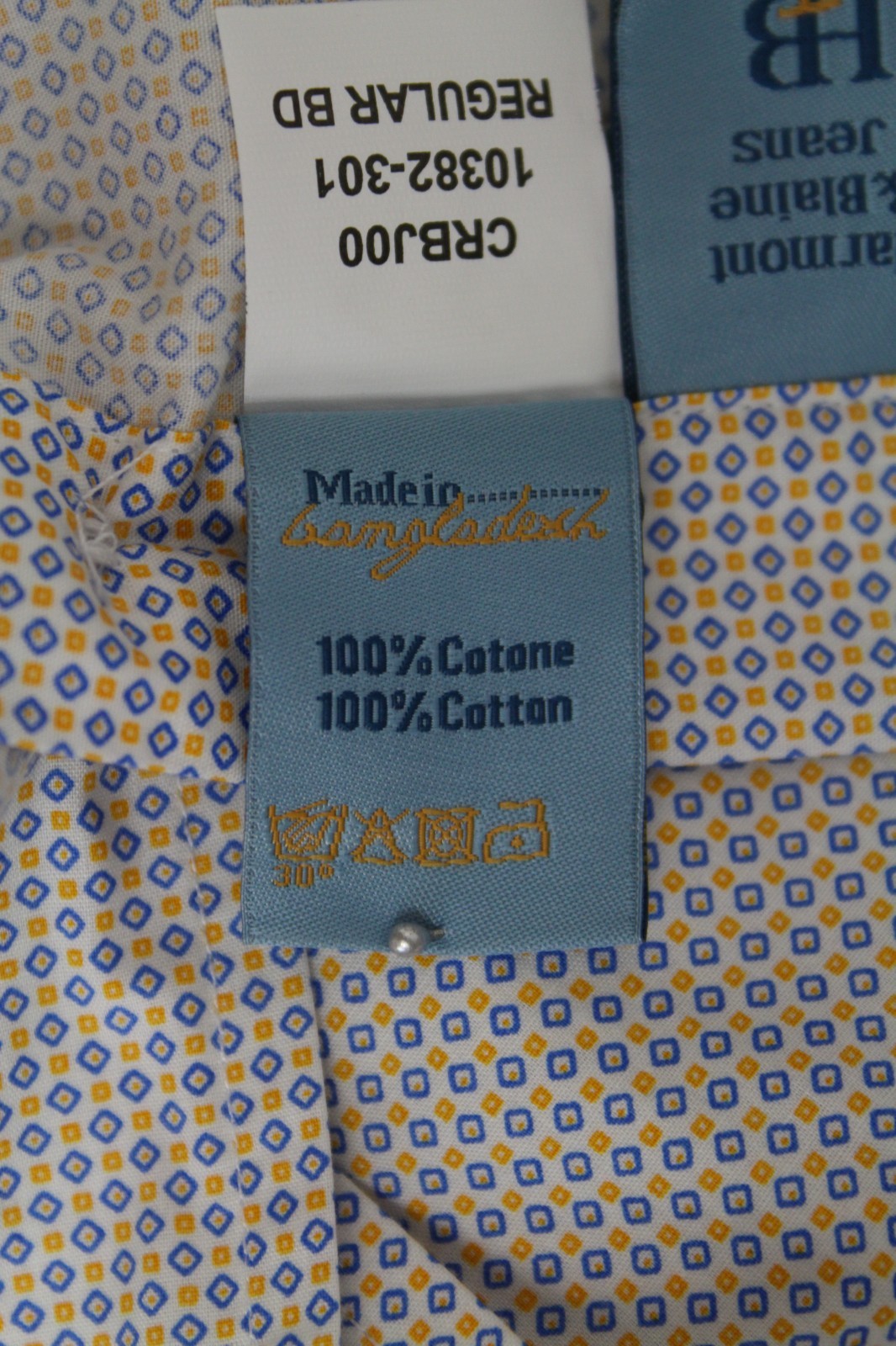 HARMONT & BLAINE Men Shirt M White Pure Cotton Blue Yellow Patterned Long Sleeve