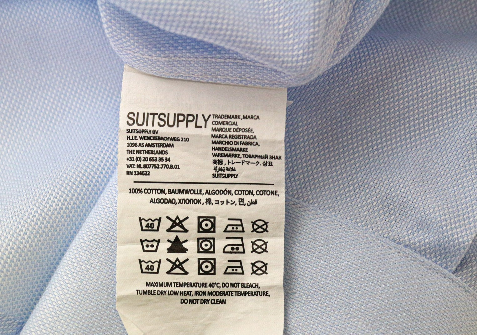 SUITSUPPLY Men's Formal Shirt 40L/15 3/4L Slim Blue Cotton Plain Long Sleeve