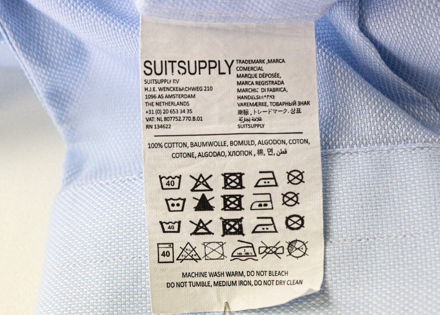 SUITSUPPLY Men's Formal Shirt 45/17 3/4 Slim Blue Cotton Long Sleeve Twill