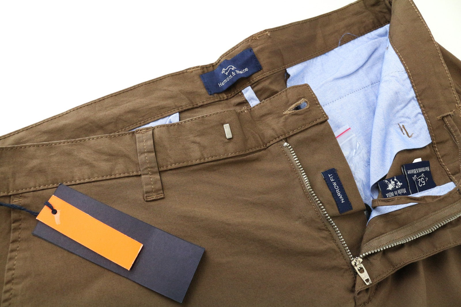HARMONT & BLAINE Men Trousers 52 Brown Cotton Stretch Narrow Fit Slit Pockets
