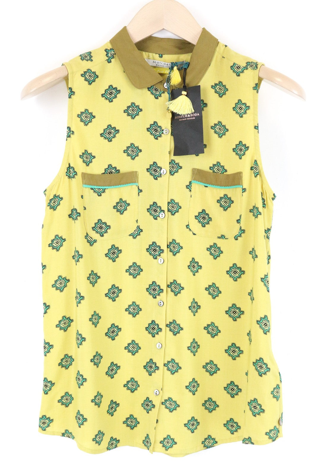 MAISON SCOTCH Women T-Shirt XS Yellow Sleeveless Patterned Collared Button-Up