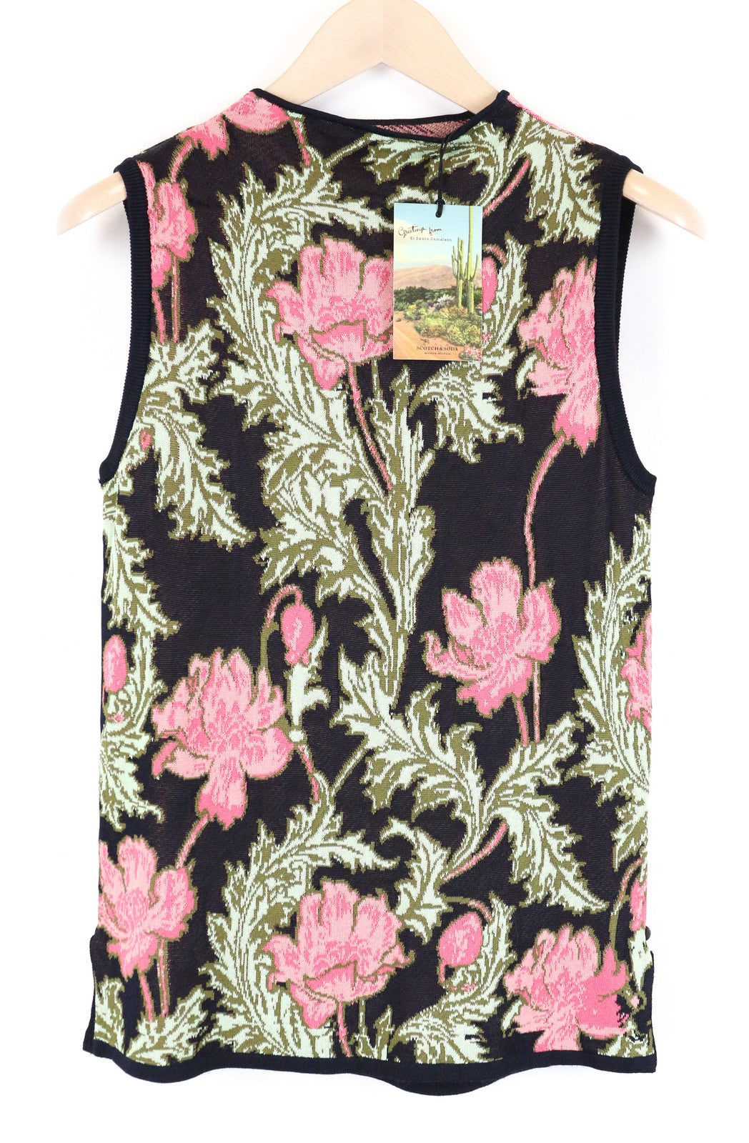 MAISON SCOTCH Women T-Shirt M Navy Flower Pattern Knitted Sleeveless Pull On