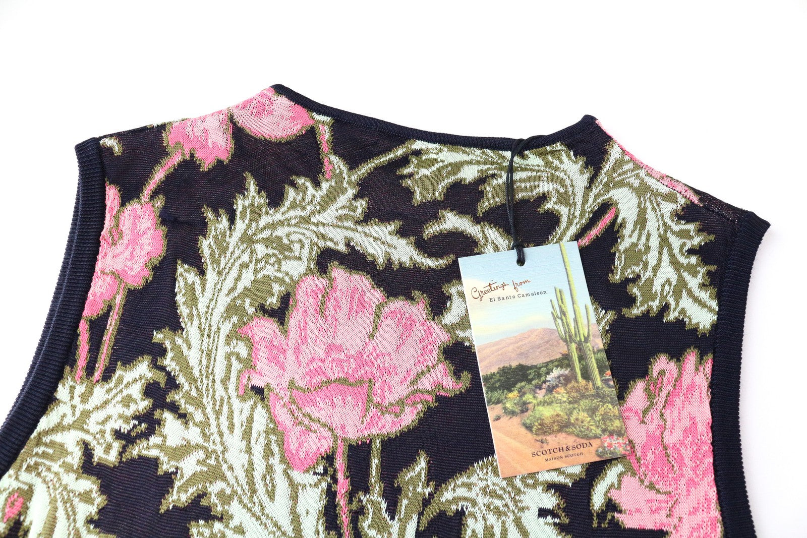 MAISON SCOTCH Women T-Shirt M Navy Flower Pattern Knitted Sleeveless Pull On