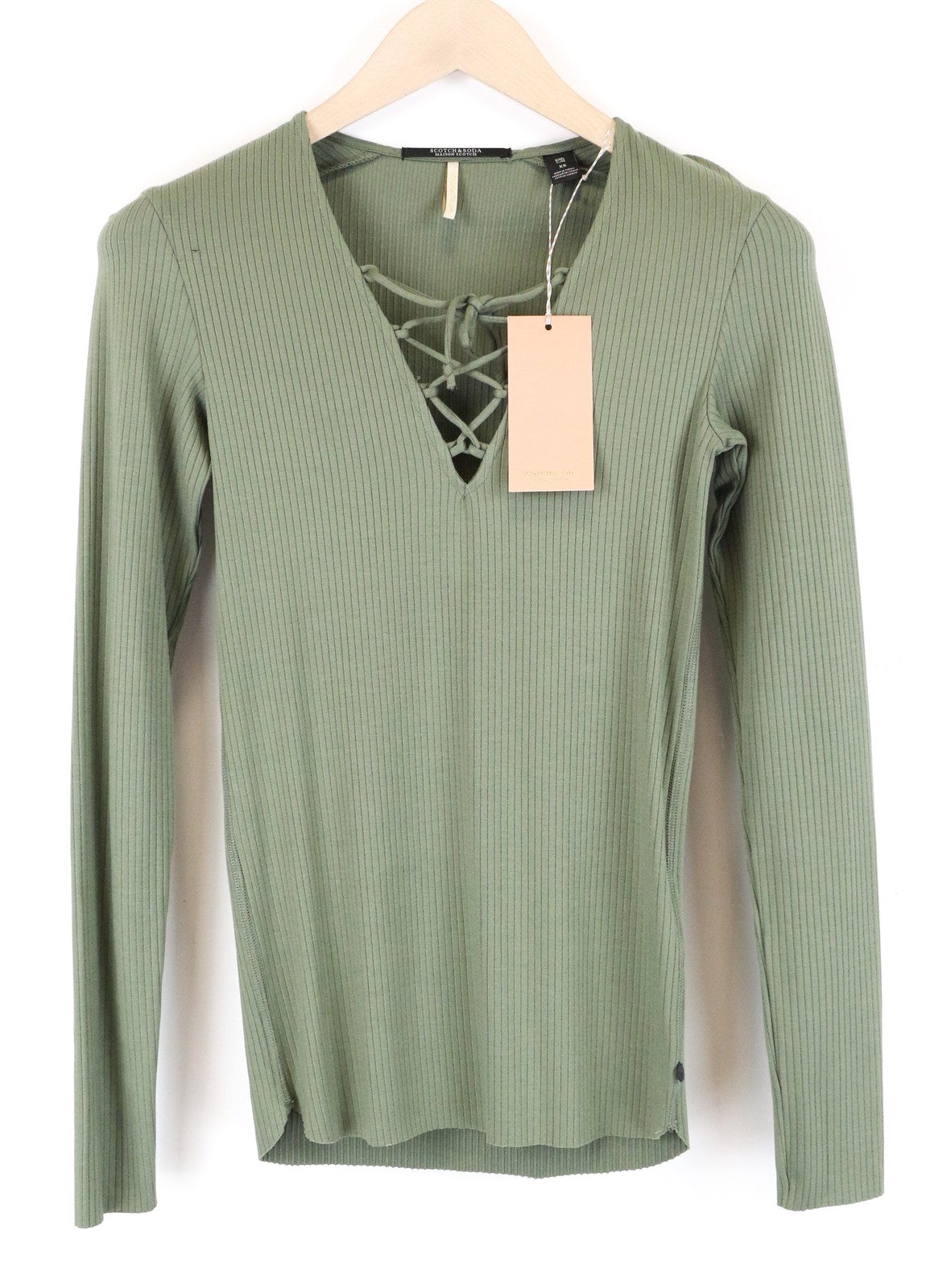 MAISON SCOTCH Women T-Shirt XS Green Stretch Long Sleeved Ribbed V-Neck