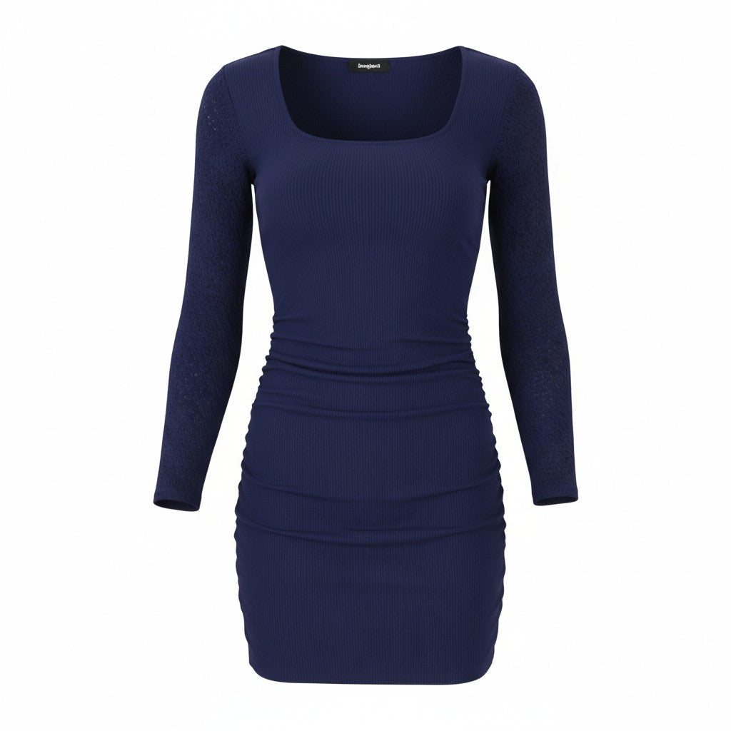 DESIGUAL Praga Women Dress M Dark Blue Round Neck Long Sleeve Fitted Mini