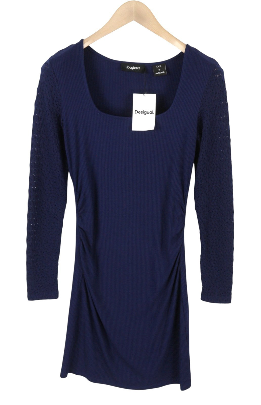 DESIGUAL Praga Women Dress M Dark Blue Round Neck Long Sleeve Fitted Mini
