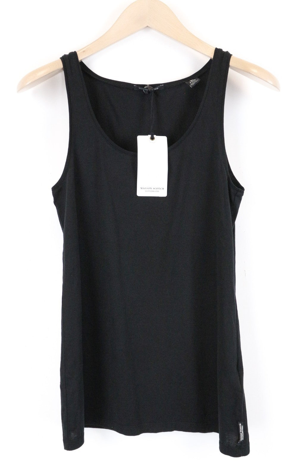 MAISON SCOTCH Women Top XS Tank Black Plain Cotton Sleeveless Round Neck