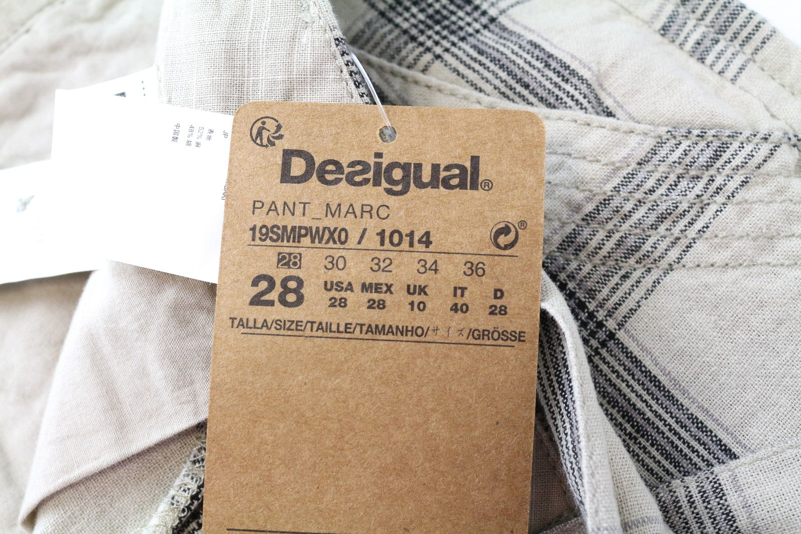 DESIGUAL Marc Men Shorts 28 Light Brown Checked Linen Cotton Multi Pocket Tied