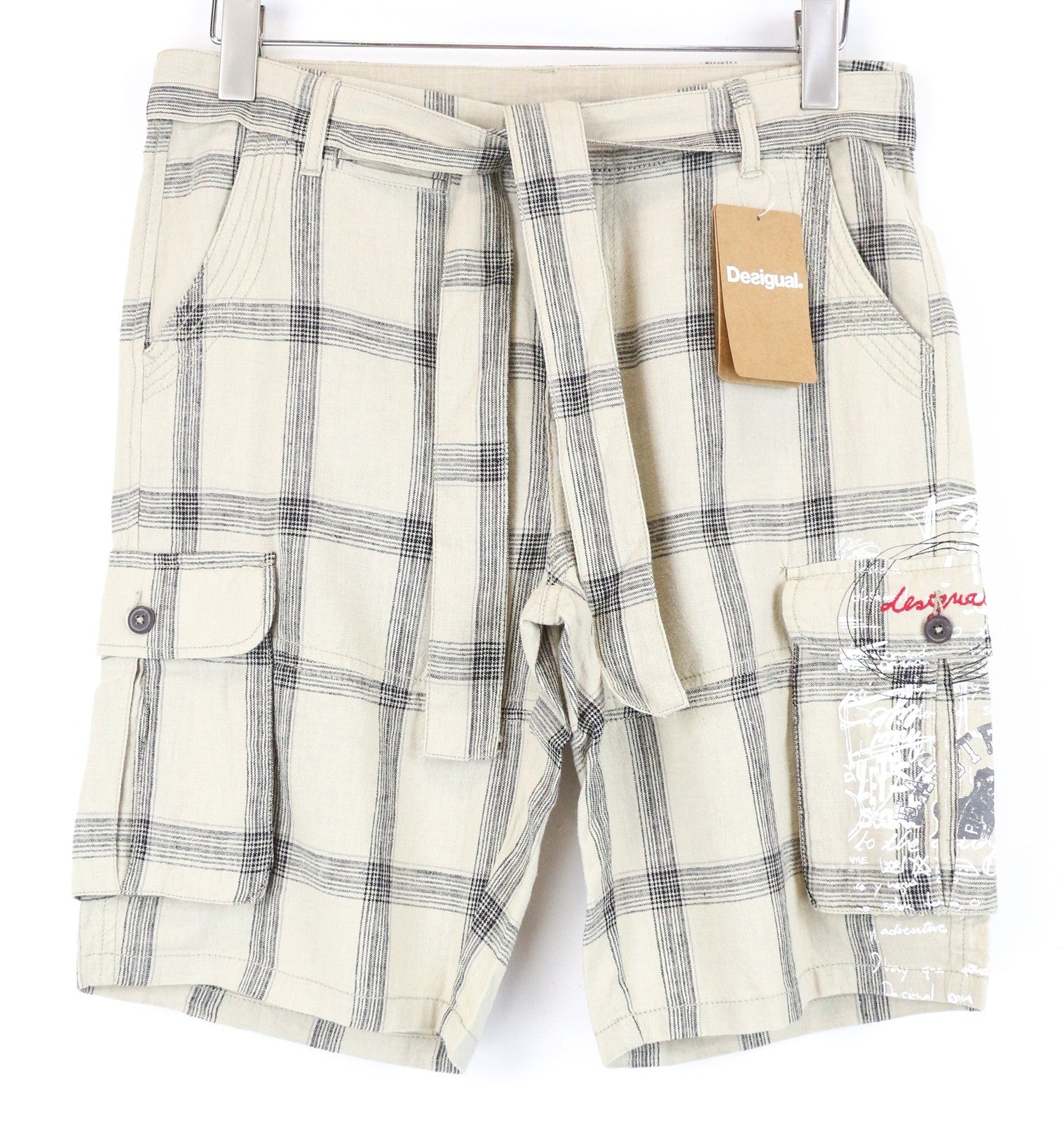 DESIGUAL Marc Men Shorts 28 Light Brown Check Pattern Linen Cotton Multi Pocket