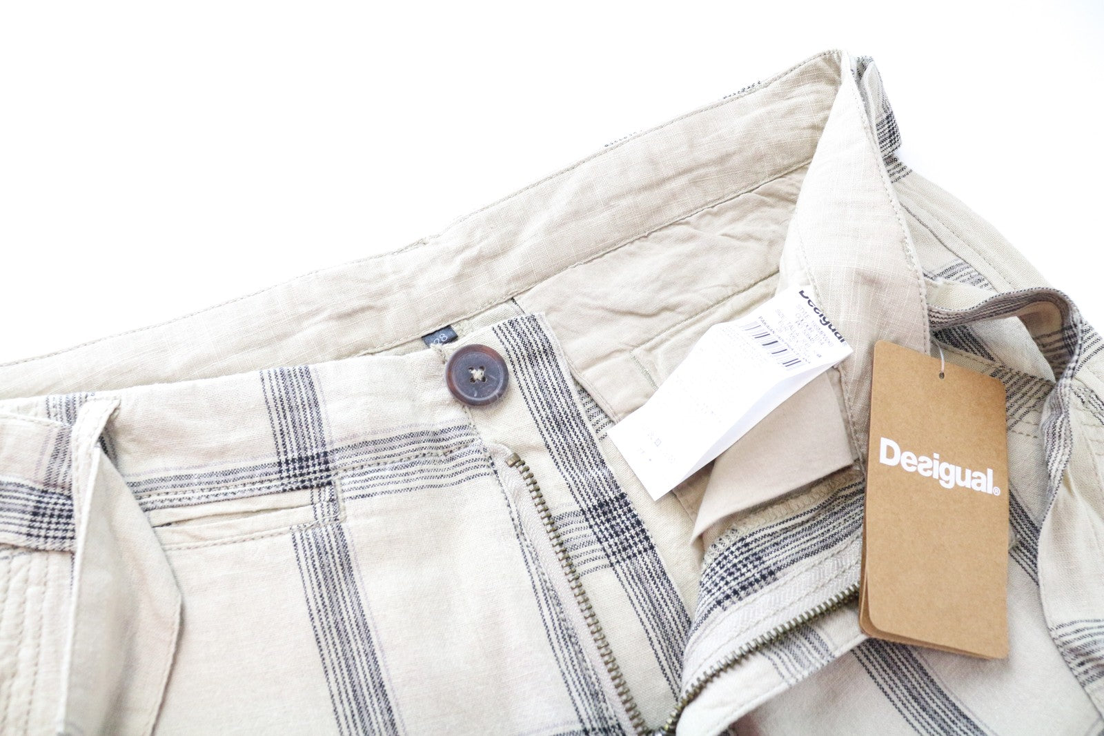 DESIGUAL Marc Men Shorts 28 Light Brown Check Pattern Linen Cotton Multi Pocket