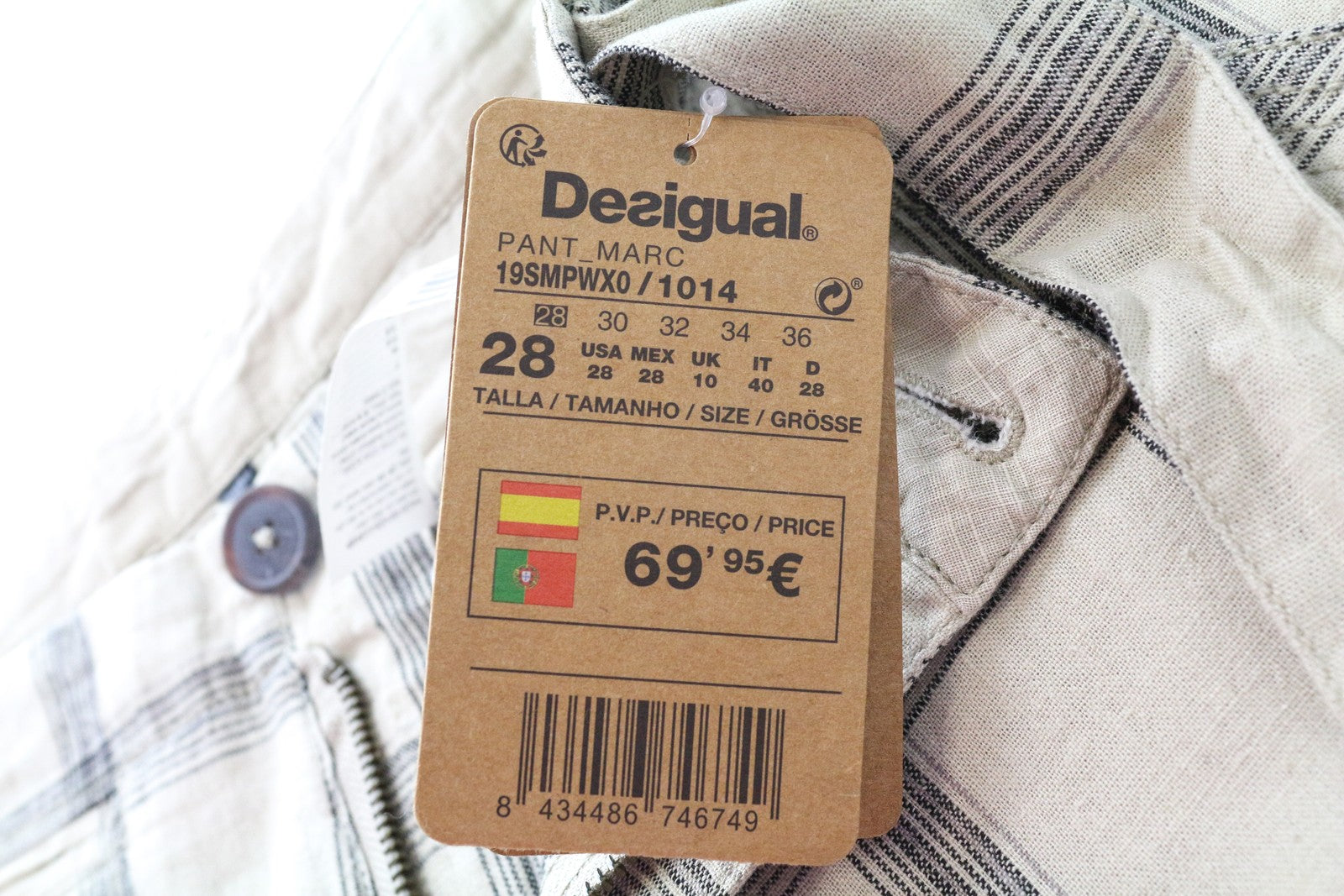 DESIGUAL Marc Men Shorts 28 Light Brown Check Pattern Linen Cotton Multi Pocket