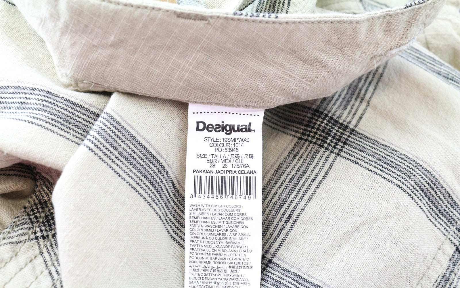 DESIGUAL Marc Men Shorts 28 Light Brown Check Pattern Linen Cotton Multi Pocket