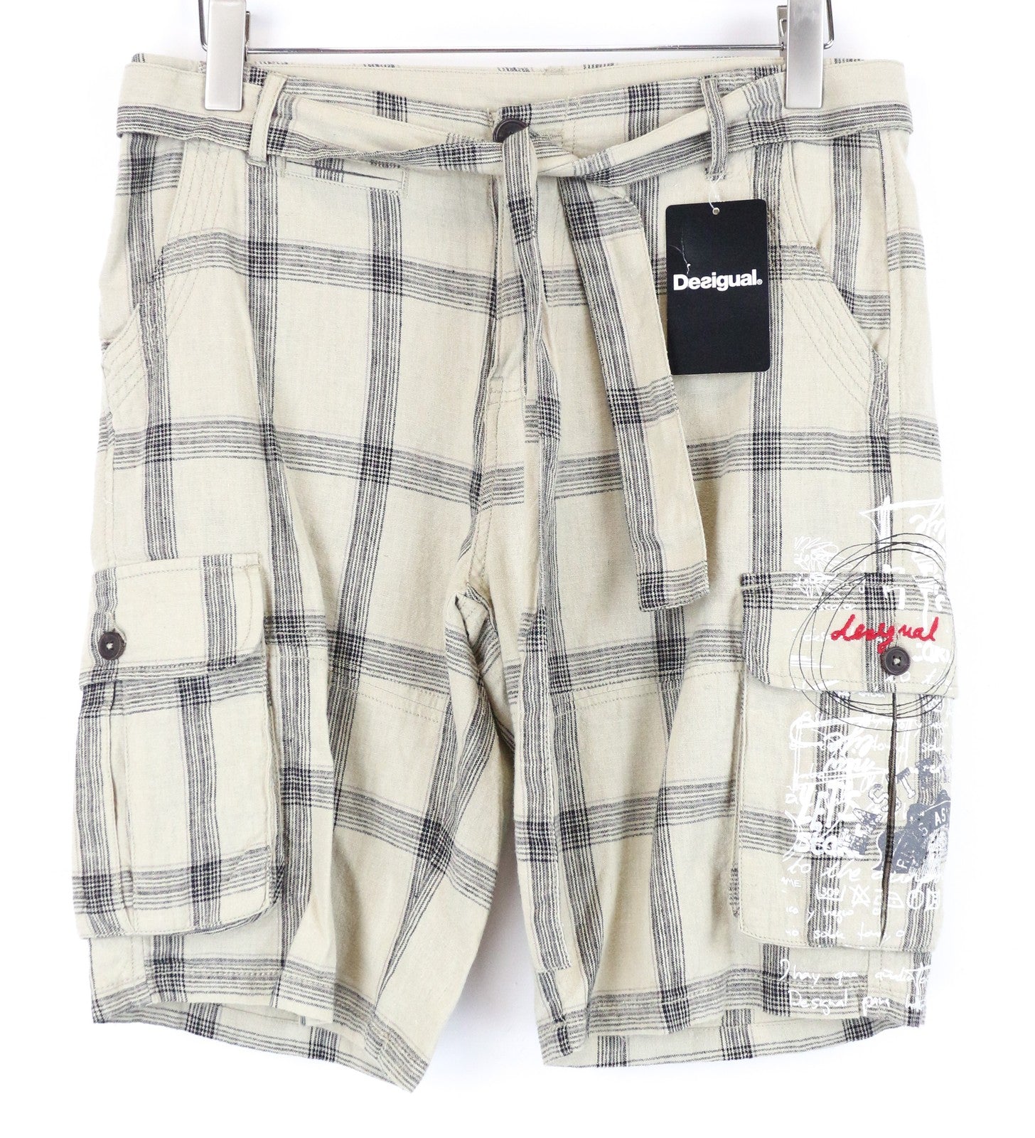 DESIGUAL Marc Men Shorts 28 Sand Brown Check Pattern Linen Cotton Multi Pocket