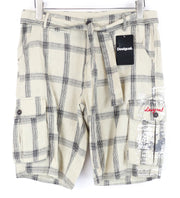 DESIGUAL Marc Men Shorts 28 Sand Brown Check Pattern Linen Cotton Multi Pocket
