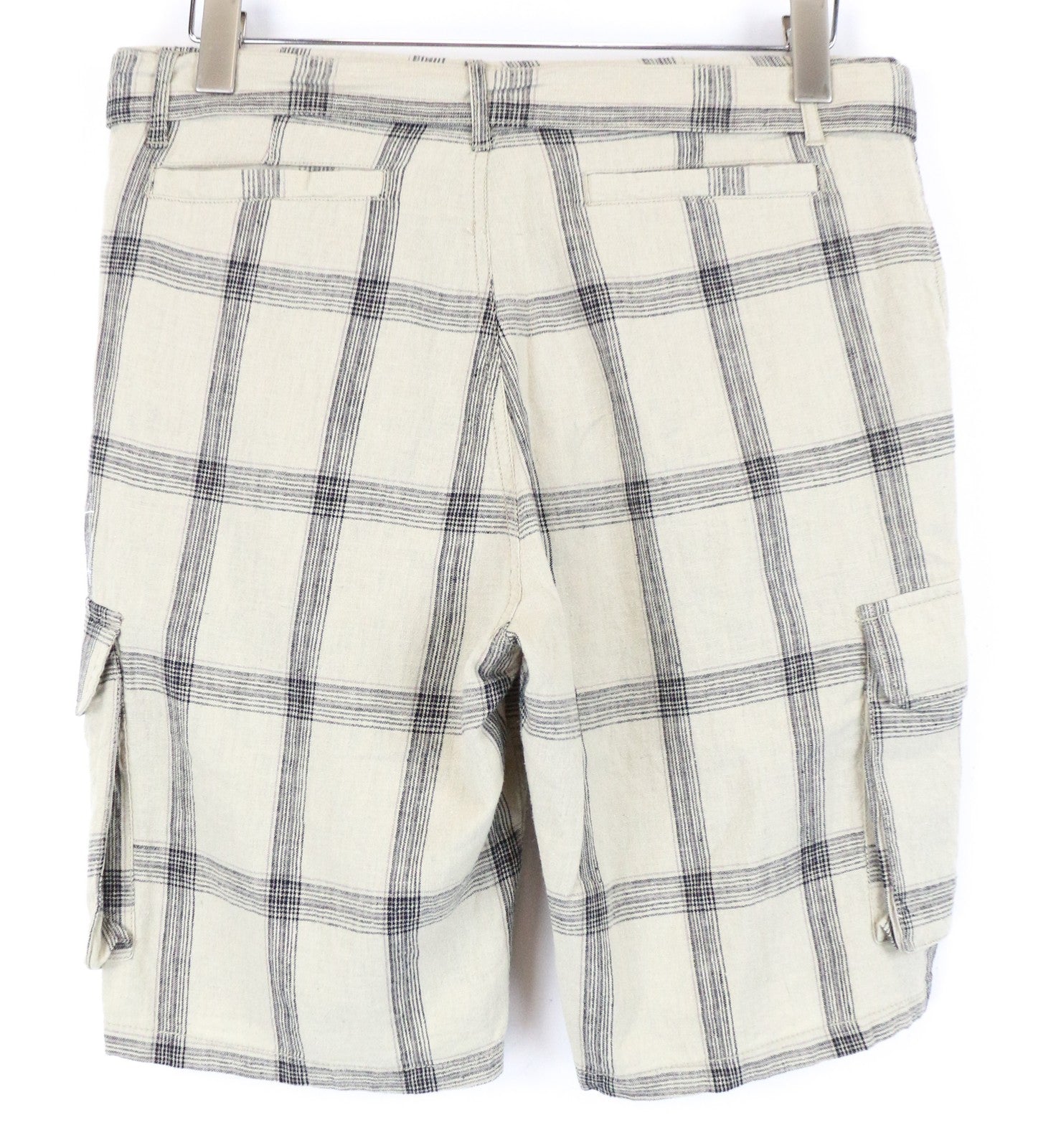 DESIGUAL Marc Men Shorts 28 Sand Brown Check Pattern Linen Cotton Multi Pocket