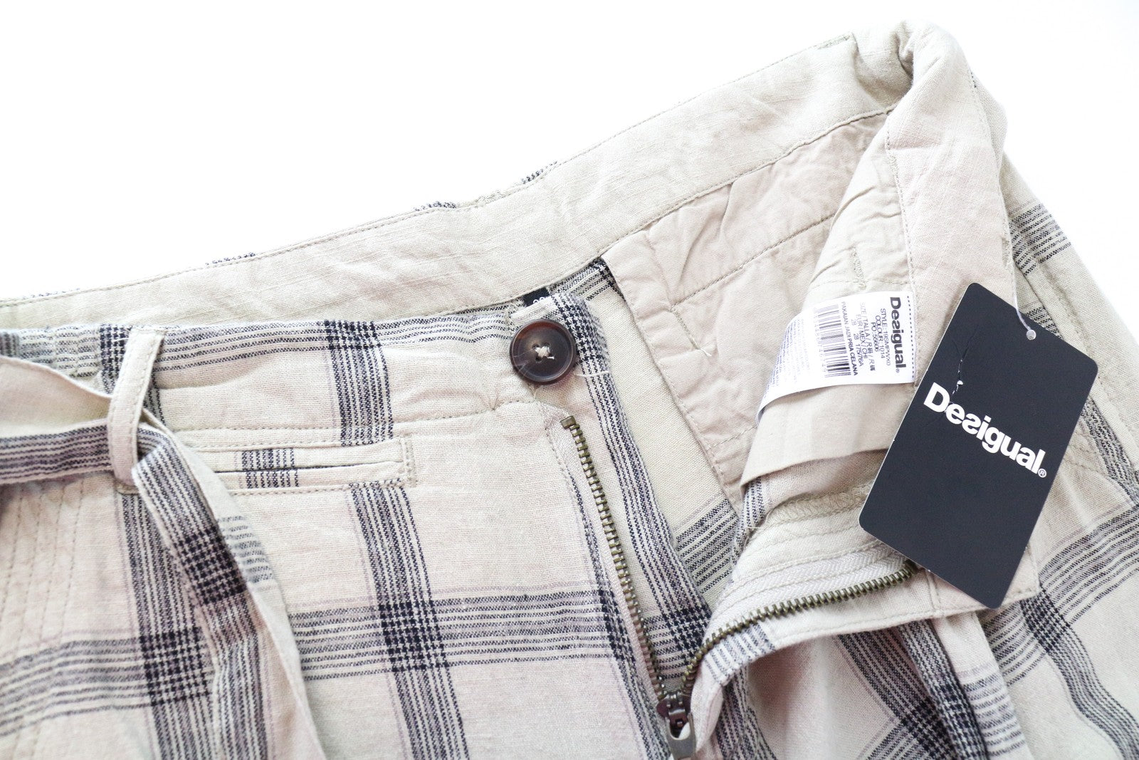 DESIGUAL Marc Men Shorts 28 Sand Brown Check Pattern Linen Cotton Multi Pocket