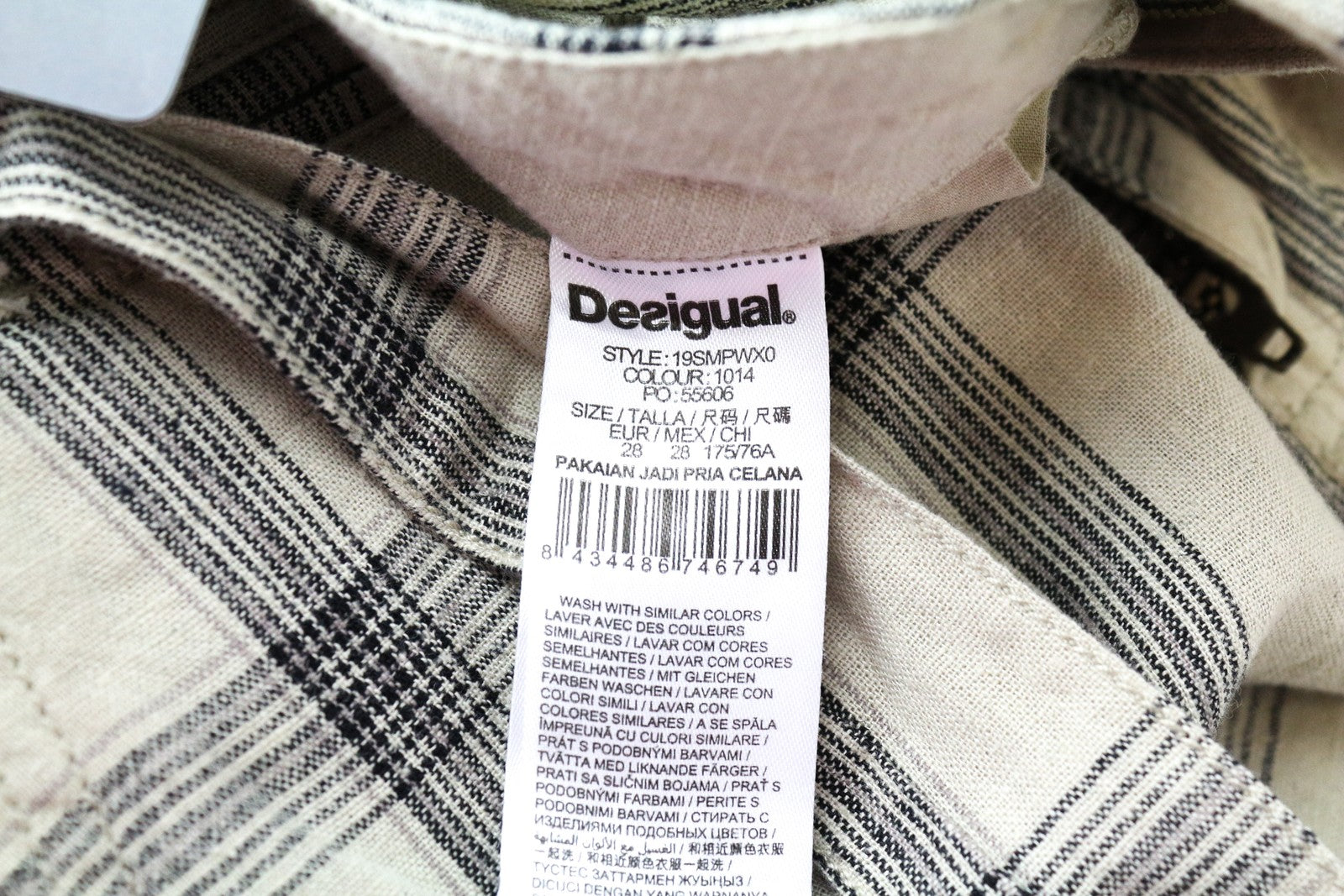 DESIGUAL Marc Men Shorts 28 Sand Brown Check Pattern Linen Cotton Multi Pocket