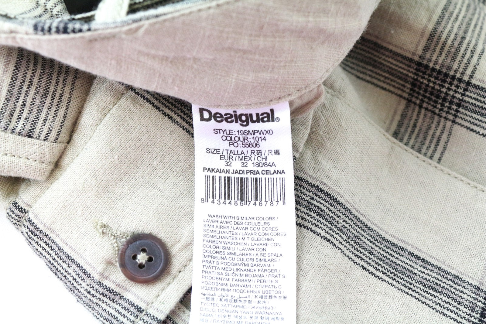 DESIGUAL Marc Men Shorts 32 Brown Check Pattern Linen Cotton Multi Pocket Cargo