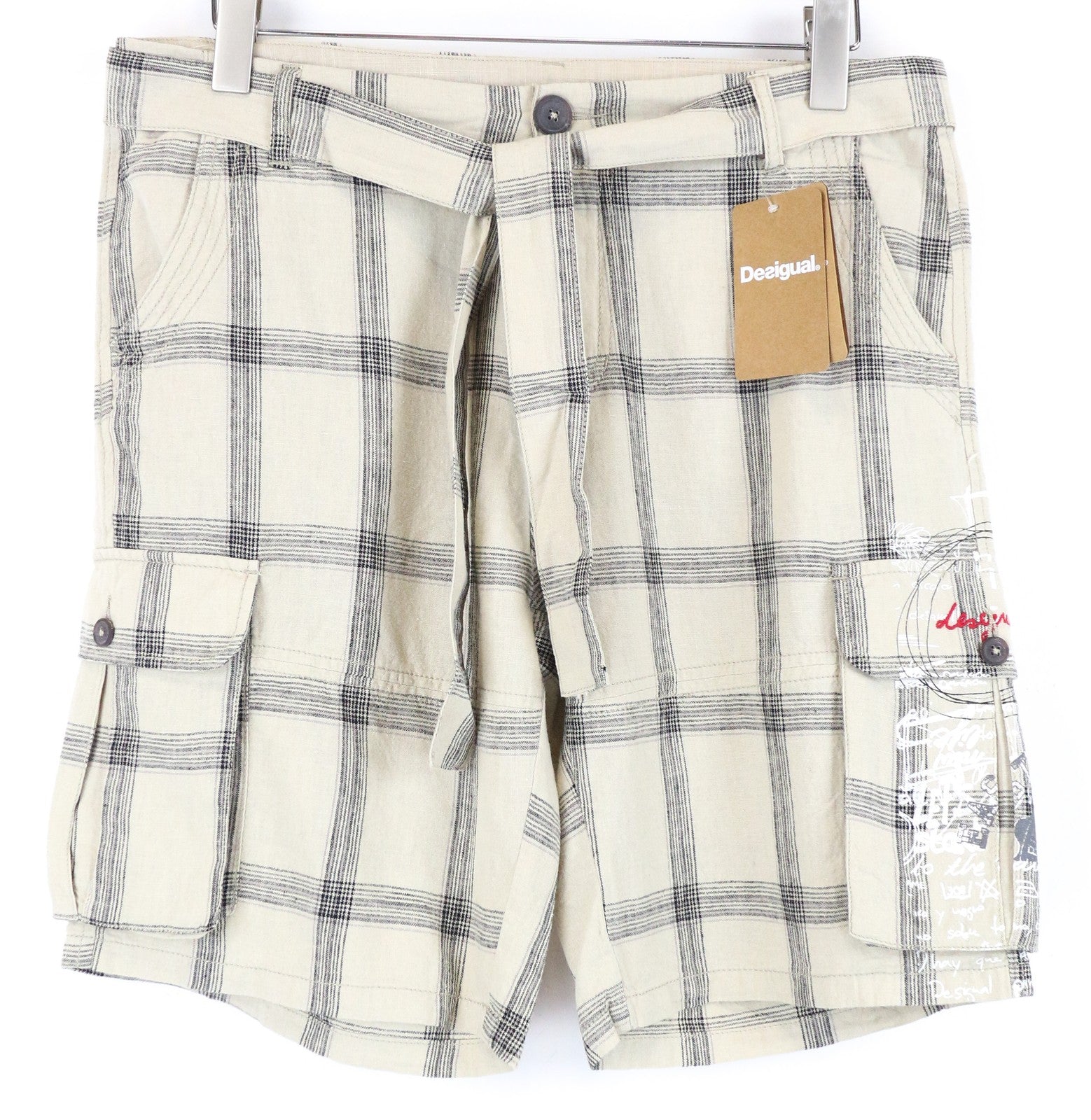 DESIGUAL Marc Men Shorts 32 Light Brown Checked Linen Cotton Multi Pocket Cargo